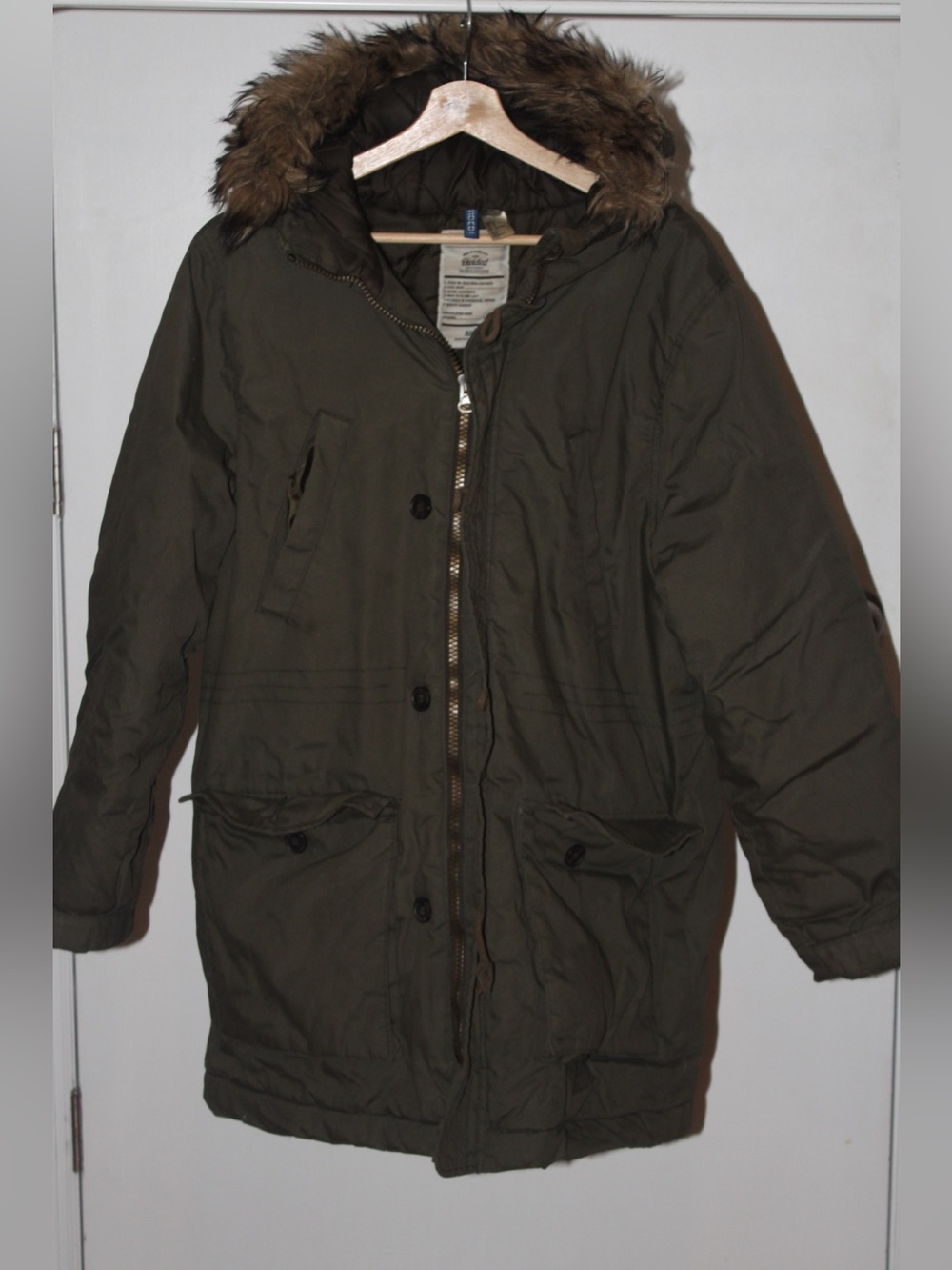 Dark Olive Green Trench Puffer Coat with Fur Lined Hood